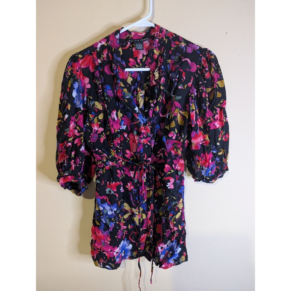 Antilia Femme womens L button front‎ elastic tie waist flower shirt top blouse